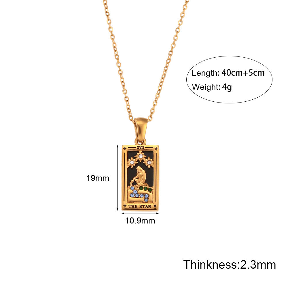 Diamond Set Pendant Stainless Steel Rectangular Oil Drip Tarot Necklace Jewelry