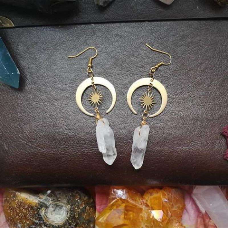 Quartz Moon Rough Earrings Brass Geometry Sun Celestial