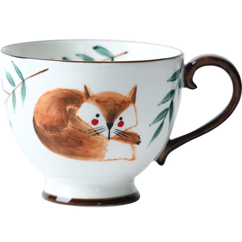 Retro Hand-painted Ceramic Mug Coffee Cup Afternoon Tea Cup Household Flower Tea Cup Hand-Painted Forest Animal Cup