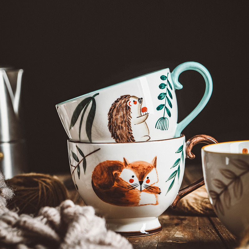 Retro Hand-painted Ceramic Mug Coffee Cup Afternoon Tea Cup Household Flower Tea Cup Hand-Painted Forest Animal Cup