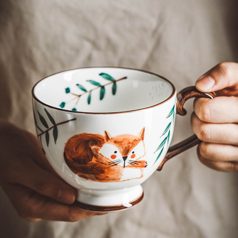 Retro Hand-painted Ceramic Mug Coffee Cup Afternoon Tea Cup Household Flower Tea Cup Hand-Painted Forest Animal Cup