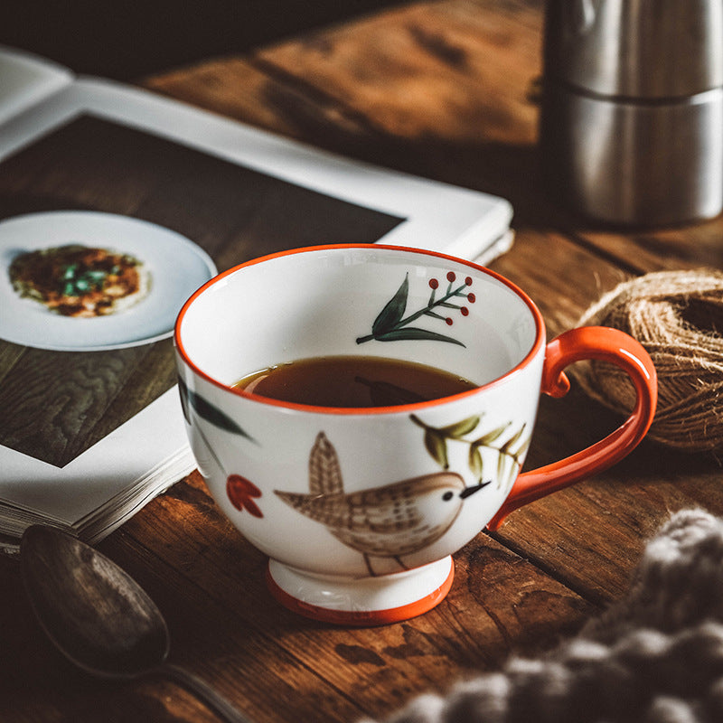 Retro Hand-painted Ceramic Mug Coffee Cup Afternoon Tea Cup Household Flower Tea Cup Hand-Painted Forest Animal Cup