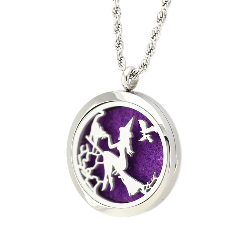 Witch riding a broom hollow necklace pendant