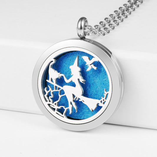 Witch riding a broom hollow necklace pendant