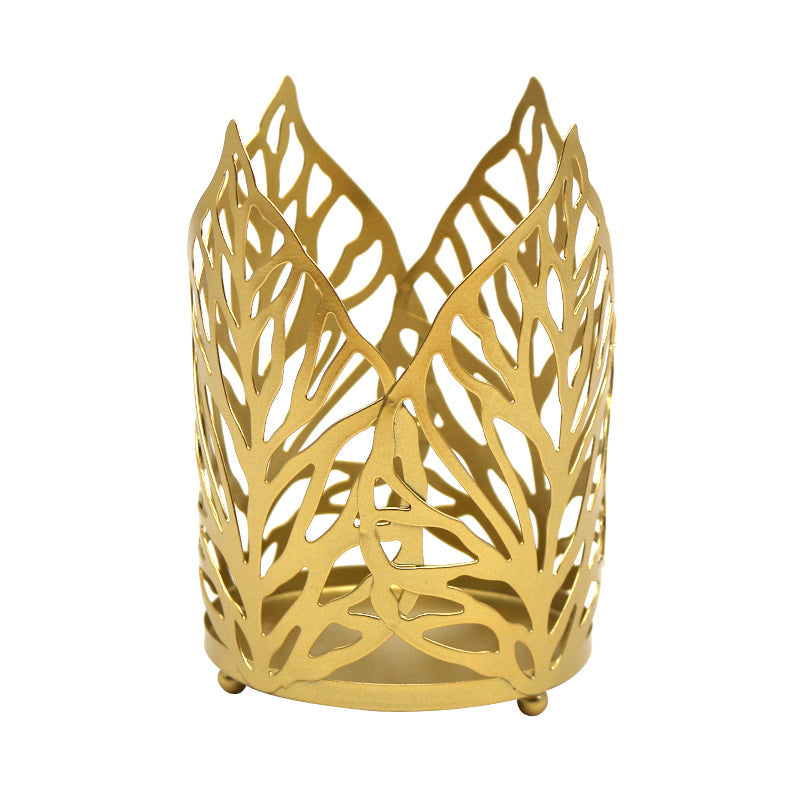 Nordic Wrought Iron Gold Old Hollow Leaf Candle Holder Home Decoration Candle Holder