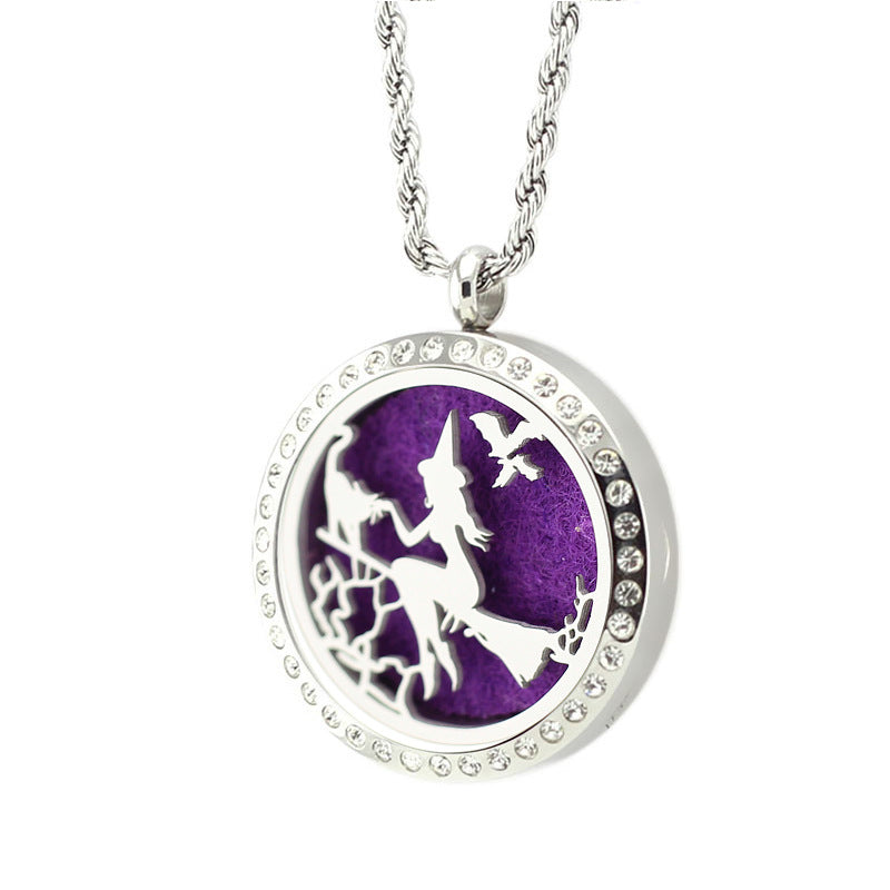 Witch riding a broom hollow necklace pendant