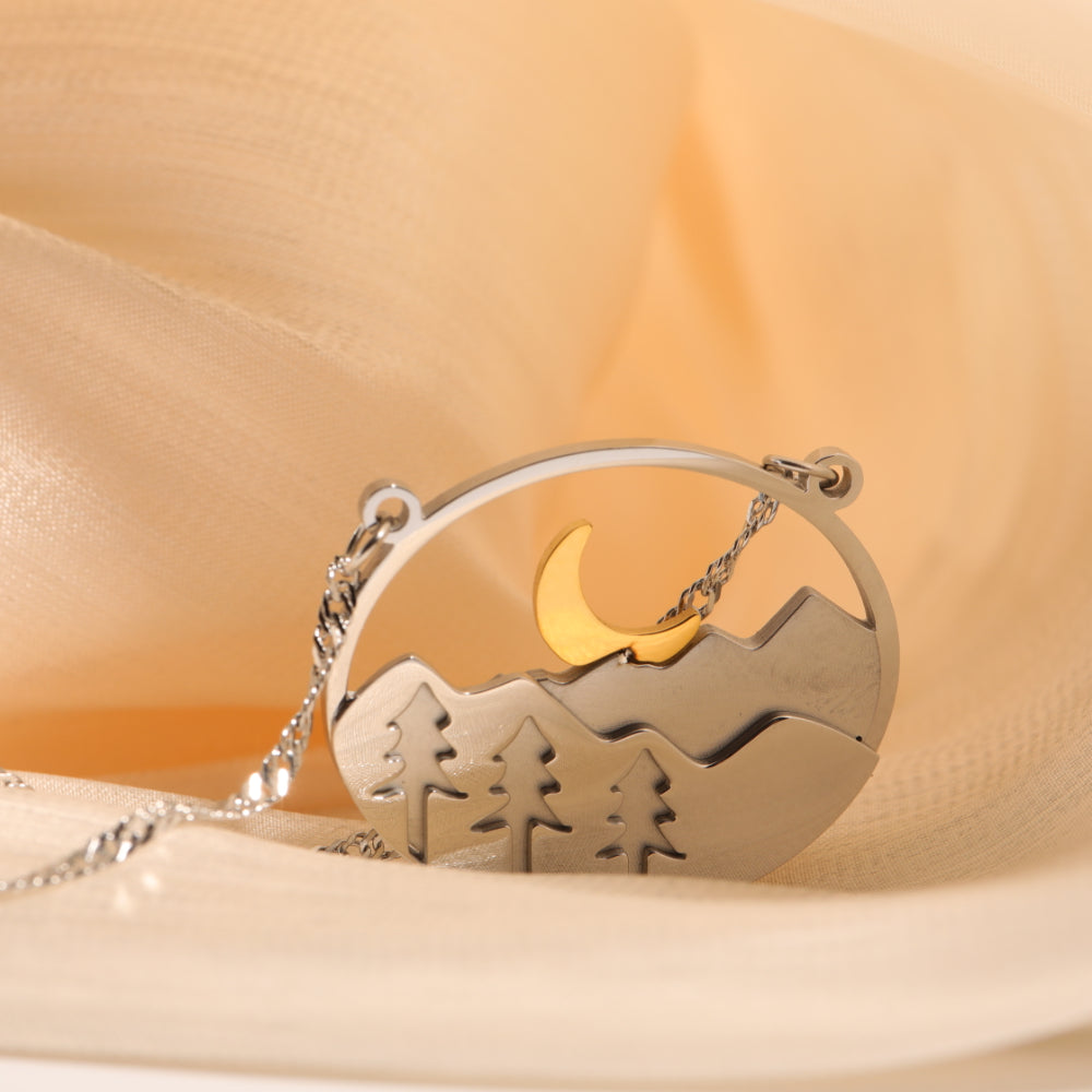 Landscape Necklace Steel Color Forest Moon Mountains