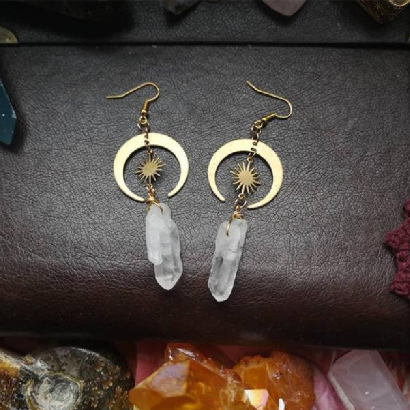 Quartz Moon Rough Earrings Brass Geometry Sun Celestial