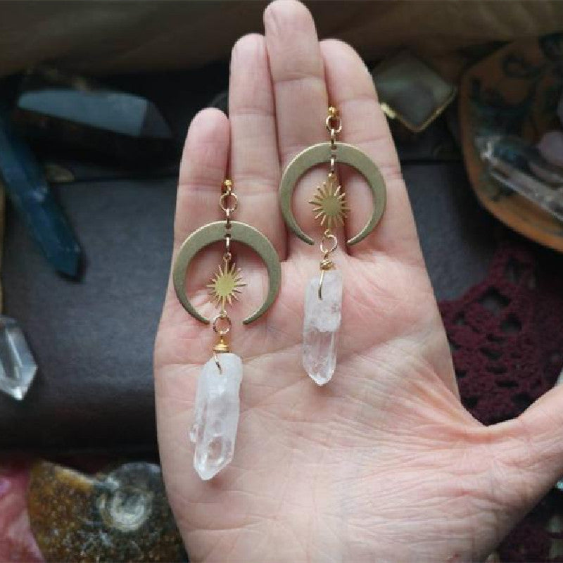 Quartz Moon Rough Earrings Brass Geometry Sun Celestial