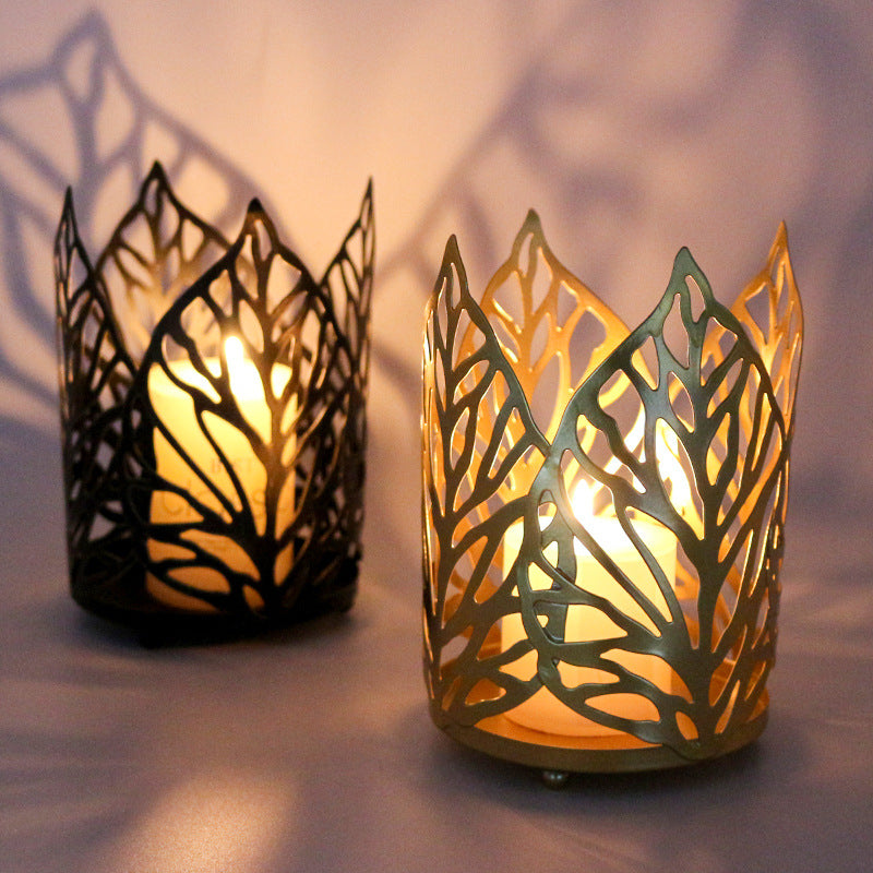 Nordic Wrought Iron Gold Old Hollow Leaf Candle Holder Home Decoration Candle Holder