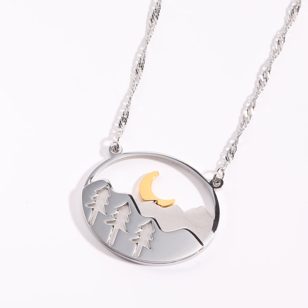 Landscape Necklace Steel Color Forest Moon Mountains