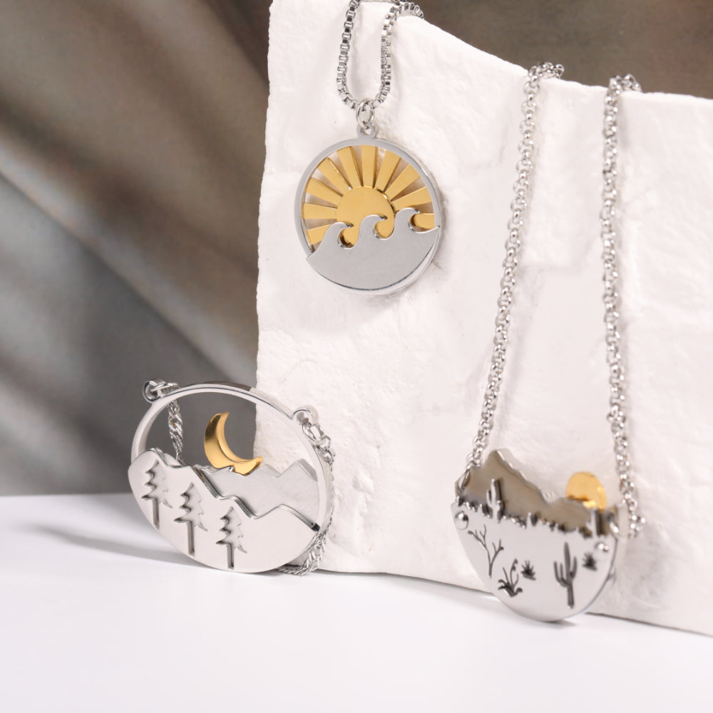 Landscape Necklace Steel Color Forest Moon Mountains