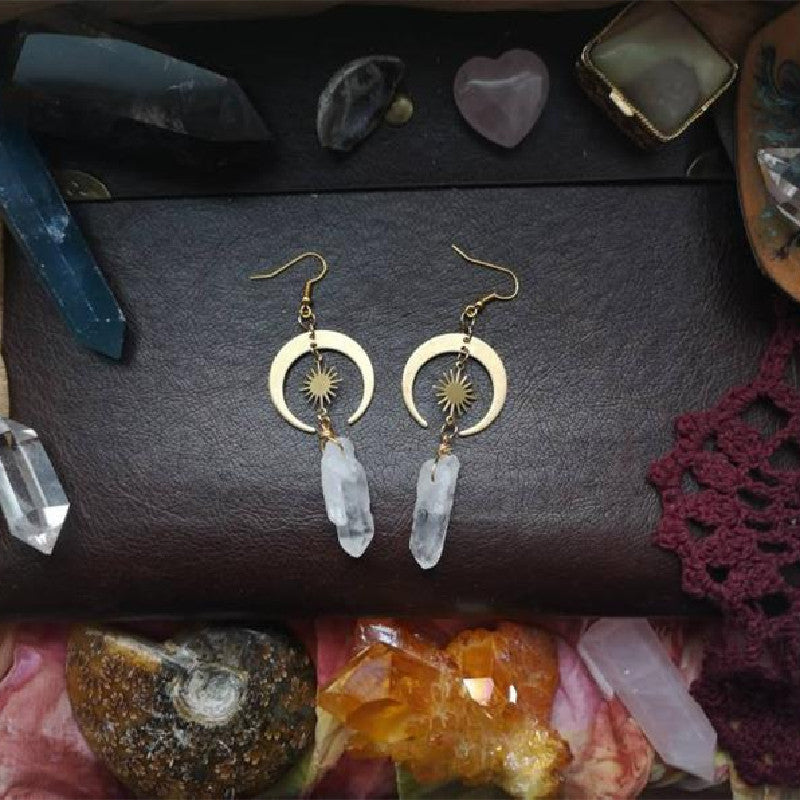 Quartz Moon Rough Earrings Brass Geometry Sun Celestial