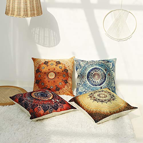 Jartinle Set of 4 Retro Floral Mandala Compass Medallion Bohemian Pillow Covers Boho Decor Hippie Throw Pillows Decorative for Sofa Couch 18 x 18