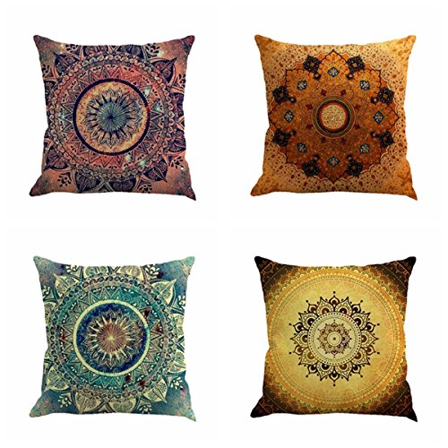 Jartinle Set of 4 Retro Floral Mandala Compass Medallion Bohemian Pillow Covers Boho Decor Hippie Throw Pillows Decorative for Sofa Couch 18 x 18