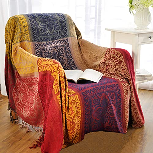 AIVIA Boho Throw Blanket, Colorful Chenille Jacquard Bohemian Chair Recliner Furniture Cover Aztec Hippie Throws Loveseat Sofa Blankets (60" x 75", Red Green Navy Yellow)