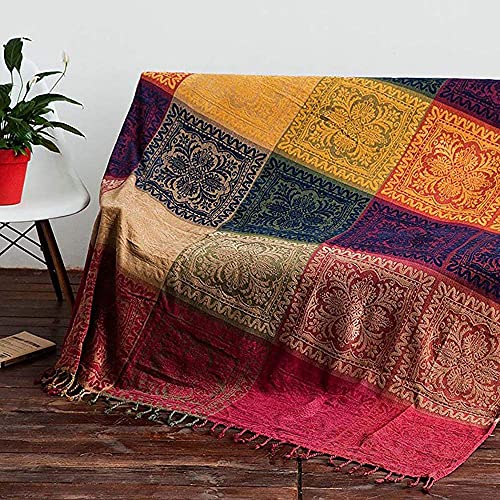 AIVIA Boho Throw Blanket, Colorful Chenille Jacquard Bohemian Chair Recliner Furniture Cover Aztec Hippie Throws Loveseat Sofa Blankets (60" x 75", Red Green Navy Yellow)